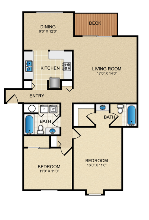 Floor plan for 2 beds, 2 baths, 1250 sqft